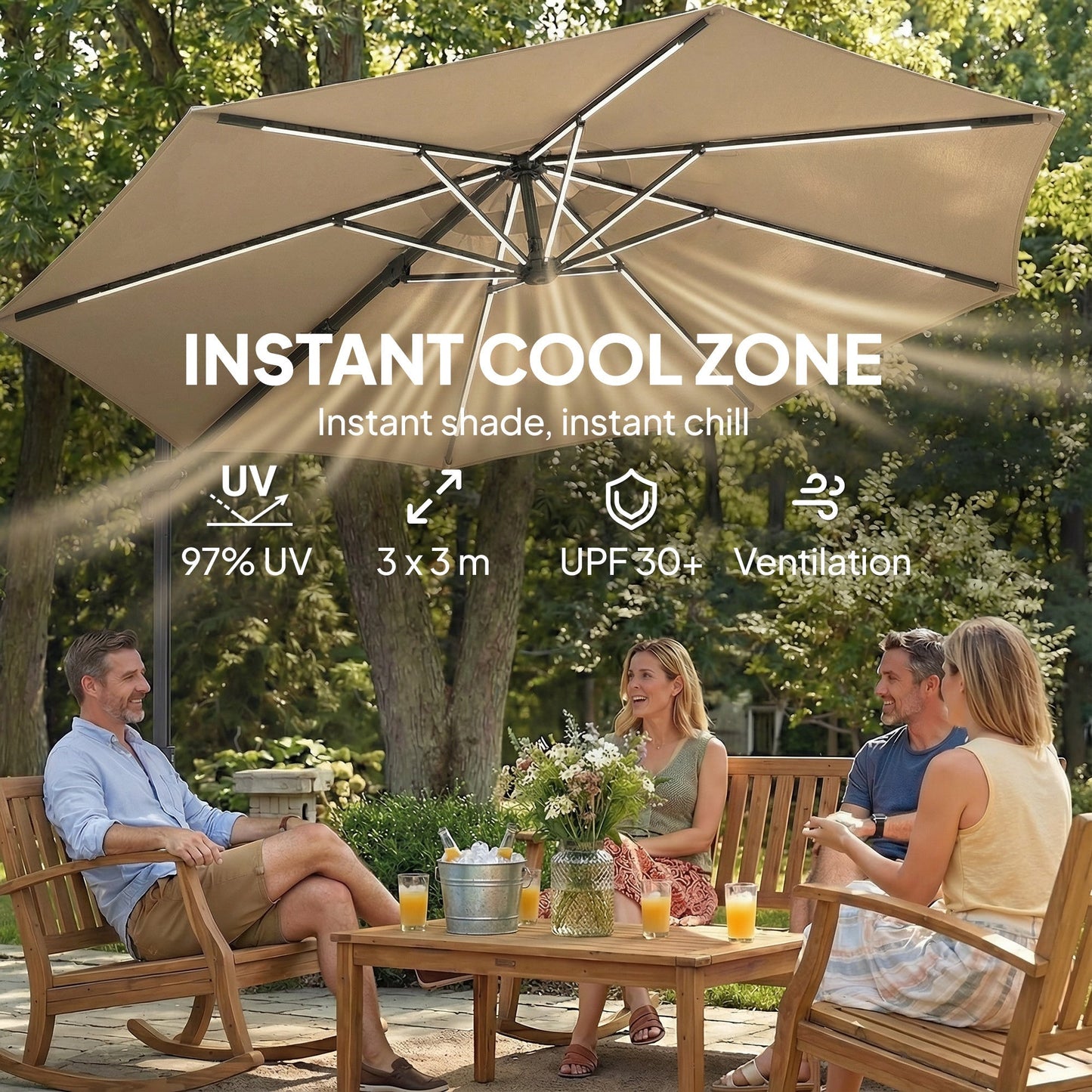 Outsunny 3 m Garden Cantilever Parasol with LED Solar Light, Round Overhanging Umbrella with 360 degrees Rotation, Cover, Khaki