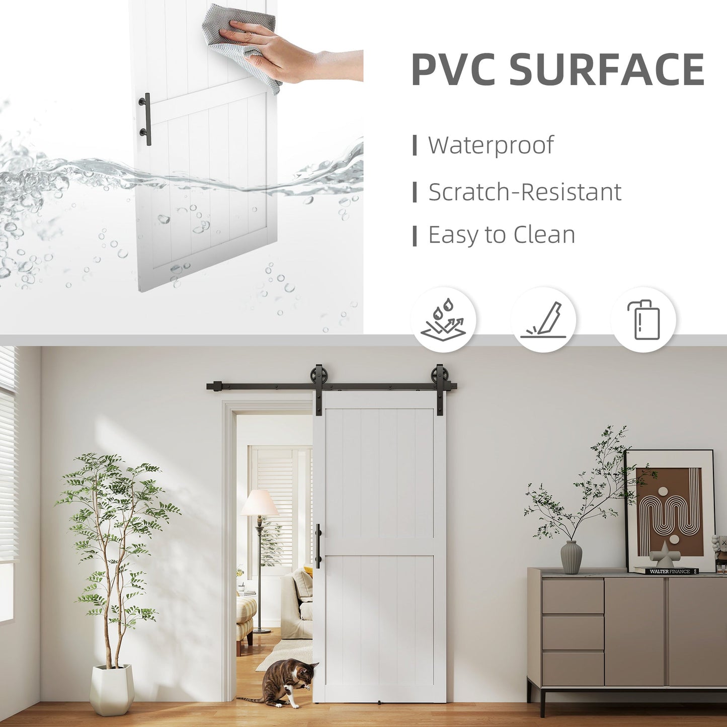 HOMCOM 183cm Sliding Barn Door Kit, Sliding Door with Track, Hardware, Upgraded Rollers and Floor Guide, Handle, White