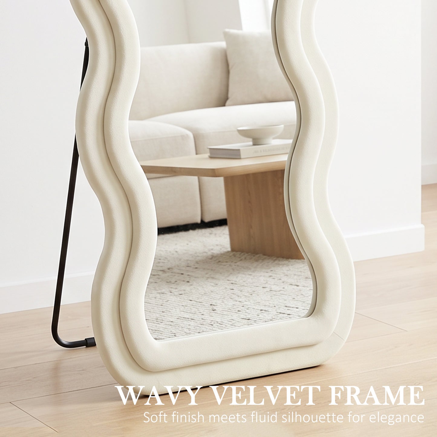 HOMCOM Full Length Mirror, 160 x 60 cm Wavy Full Body Wall Standing Mirror with Velvet Frame and Tempered Glass, Cream White