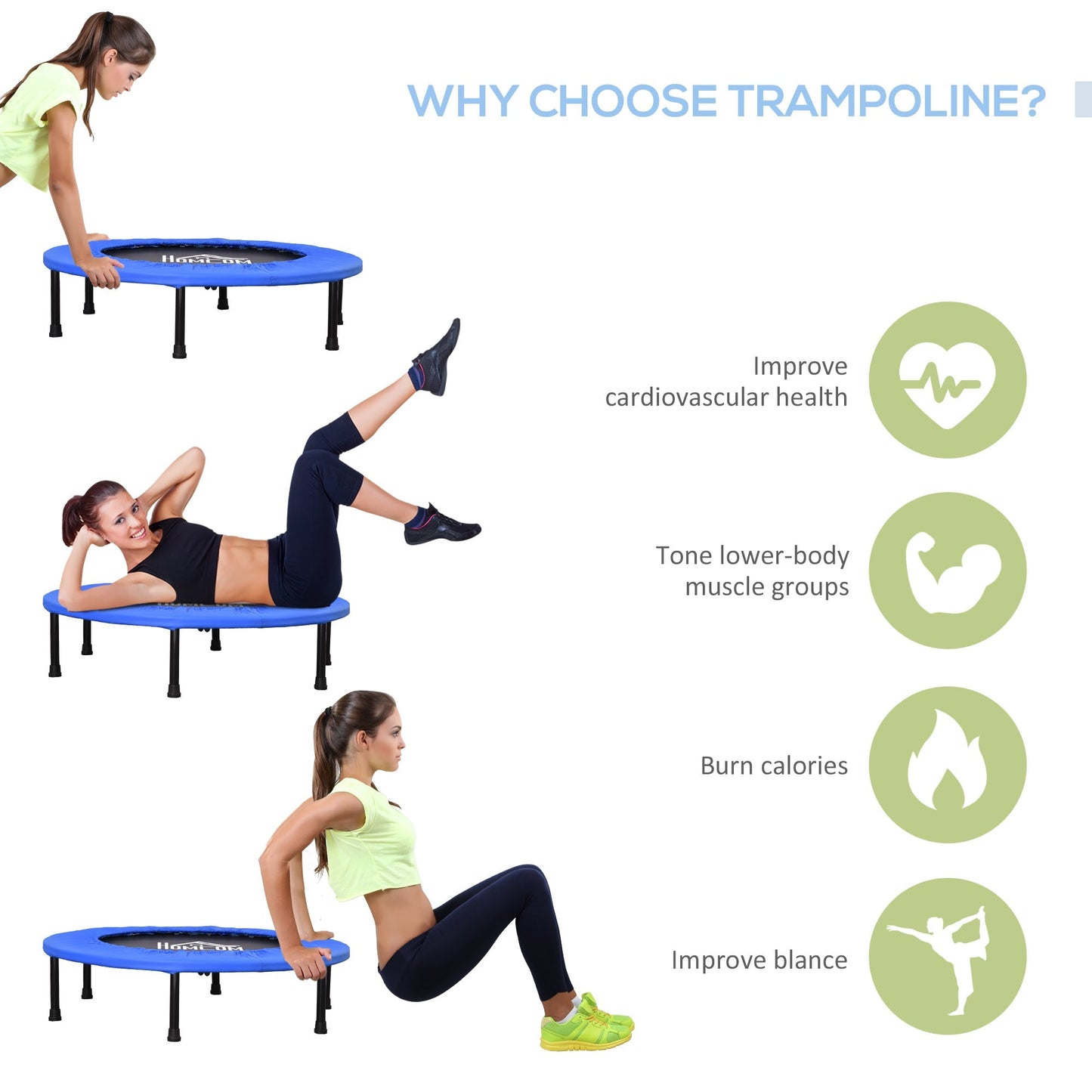 HOMCOM â91 Mini Fitness Trampoline Home Gym Yoga Exercise Rebounder Indoor Outdoor Jumper with Safety Pad, Support Up to 100 KG, Blue and Black