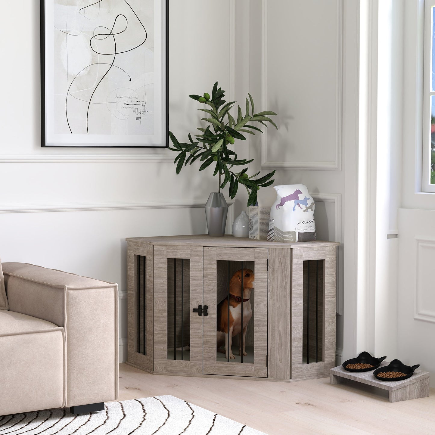 PawHut Dog Crate Furniture Side Table, with Cushion, 104 x 55 x 63cm - Walnut Brown