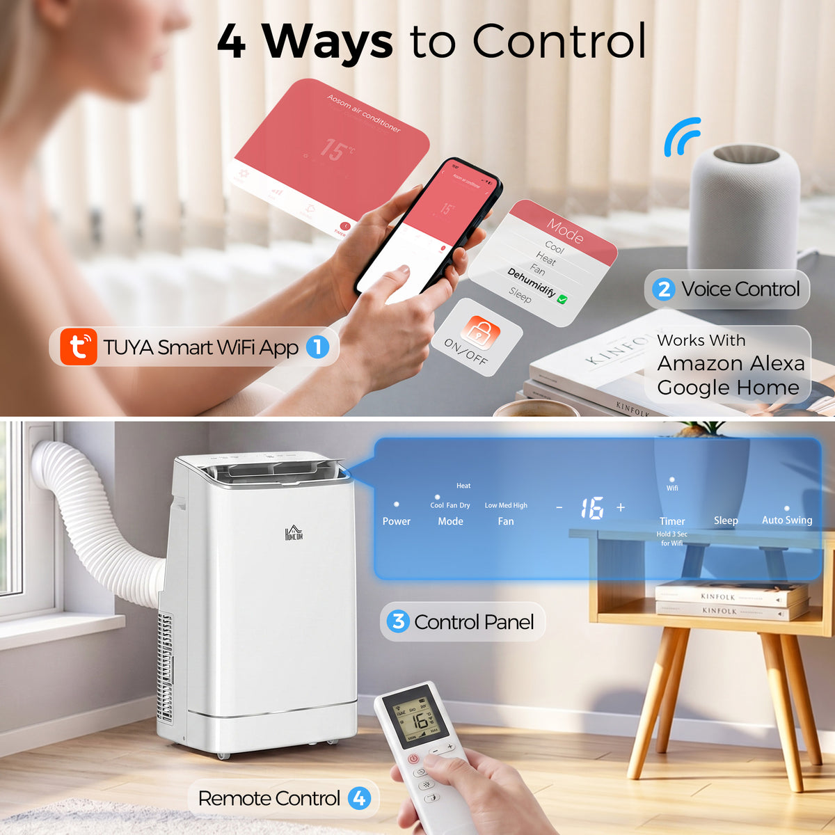 HOMCOM 14000 BTU Mobile Air Conditioner, Smart Home WiFi Compatible, with Heater, Cooler, Dehumidifier, Fan, 24H Timer