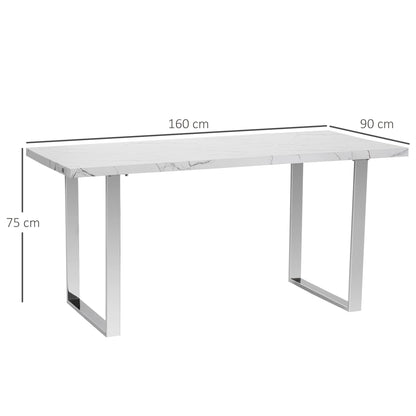 HOMCOM Modern Dining Room Table Rectangular Kitchen Table for 6-8 People with Marble Effect Tabletop Steel Legs 160 cm White