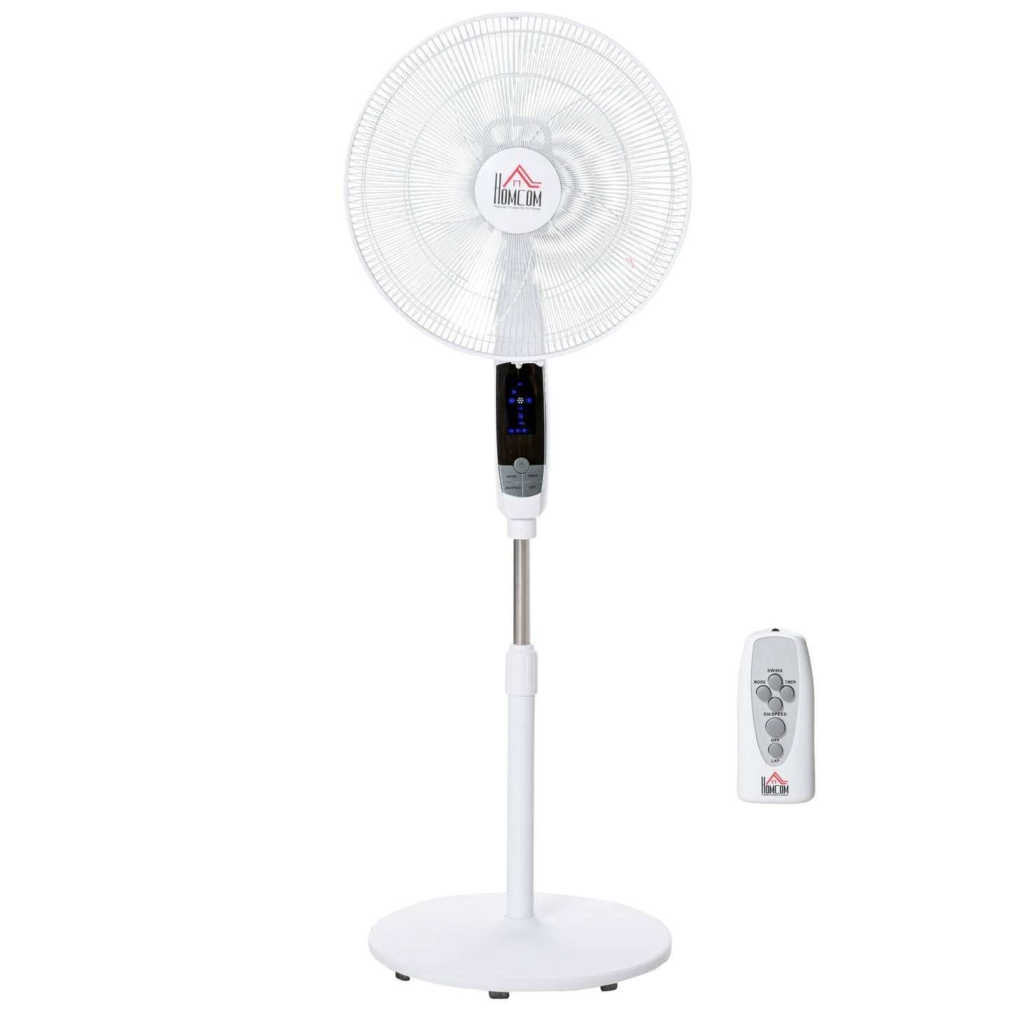 HOMCOM 16'' Pedestal Stand Fan, 3 Speed 3 Mode, 85 degrees Oscillation, LED Panel, 3M Remote Controller, Height Adjustable for Living Room, Bedroom, Garage, Office, Black and White