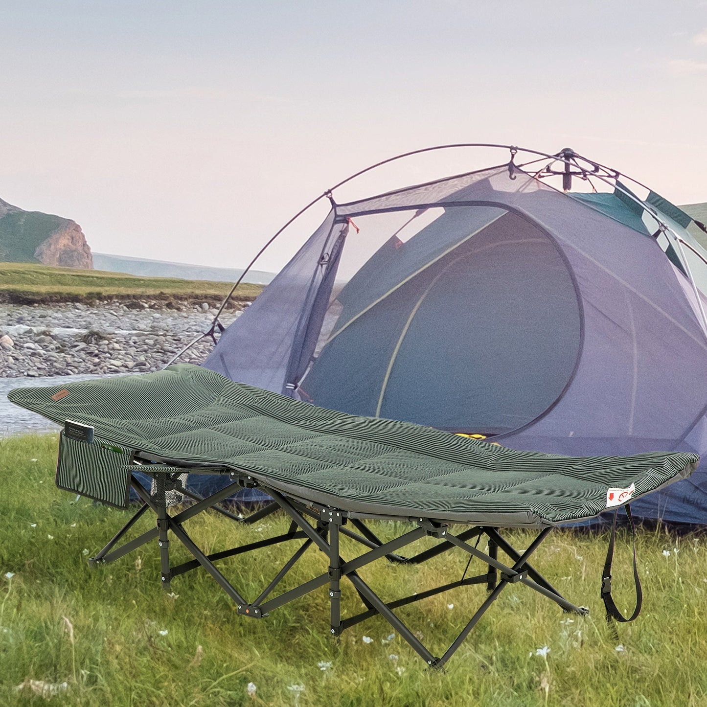 Outsunny Foldable Camp Bed, Padded Patio Camping Bed with Carry Bag, Magazine Bag and Cup Holder for Outdoor, Garden, Grey
