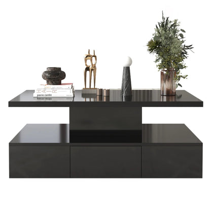 High-Gloss Coffee Table with Drawer, Two Storage Levels and LED Light, 100x50x39 cm, Black