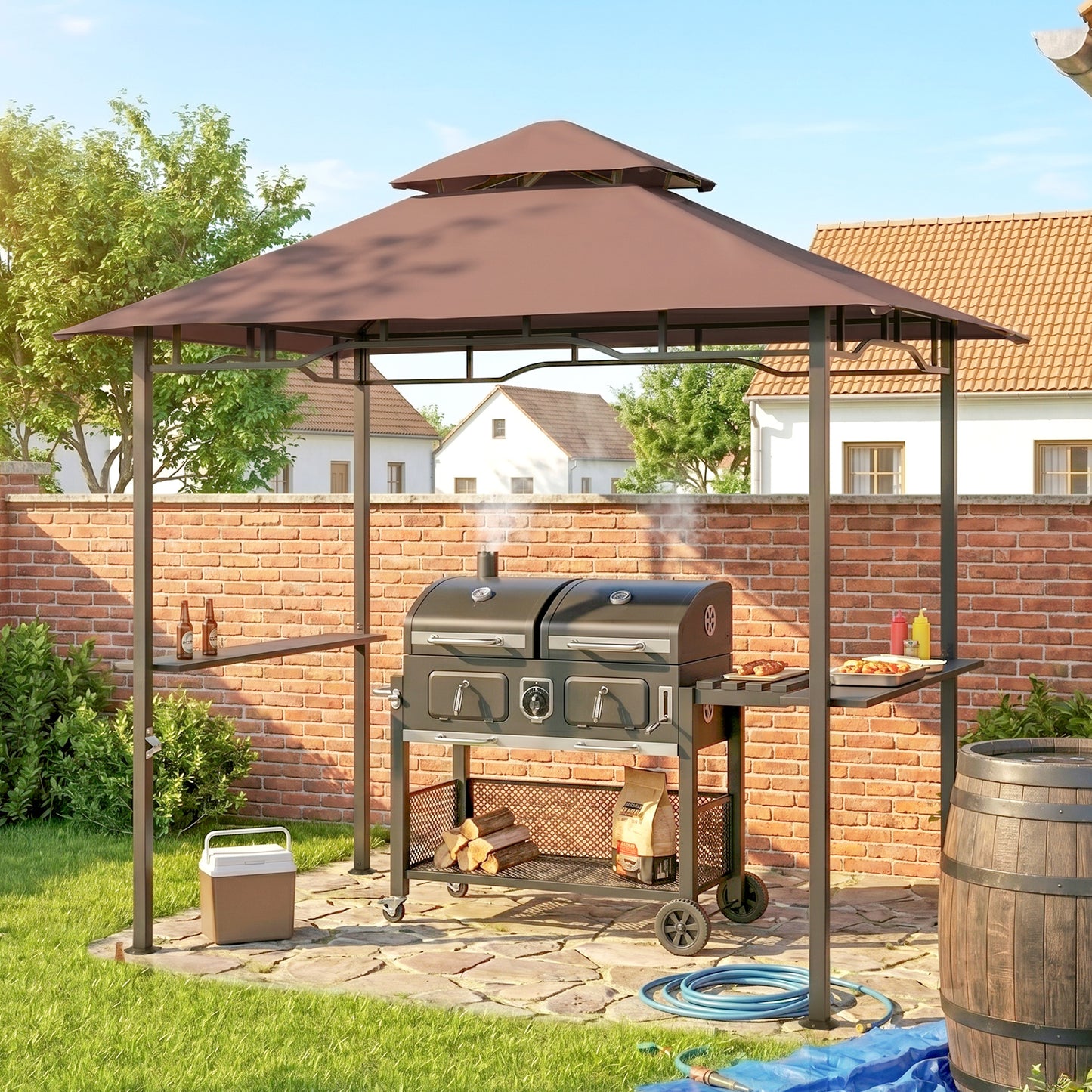 Outsunny 2.5x1.5m (8'x5') Grill Gazebo Canopy, Double Tiered Outdoor BBQ Gazebo Shelter with 2 Side Shelves for Garden, Patio, Barbecue, Picnic, Coffee