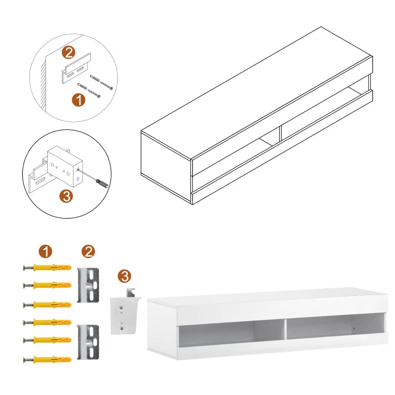 Wall-Mounted High Gloss TV Cabinet with LED Lights, Modern Floating Media Console for up to 65" TV, Spacious Storage, 140x40x30.5 cm, White