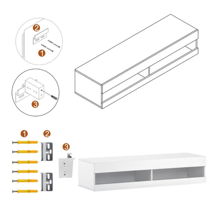 Wall-Mounted High Gloss TV Cabinet with LED Lights, Modern Floating Media Console for up to 65" TV, Spacious Storage, 140x40x30.5 cm, White