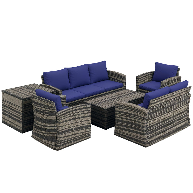 Outdoor furniture set with blue cushions on a white background