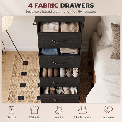 HOMCOM Chest of Drawers, Dresser with 4 Fabric Drawers, Tall Storage Unit with 4 Pockets and 2 Hooks, Steel Frame, Black