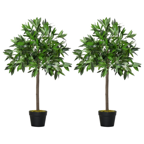 Outsunny Artificial Bay Laurel Topiary Trees w/ Pot Fake, Set Of 2 90cm/3FT Indoor Greenery Plant Home Office Garden Decor Green