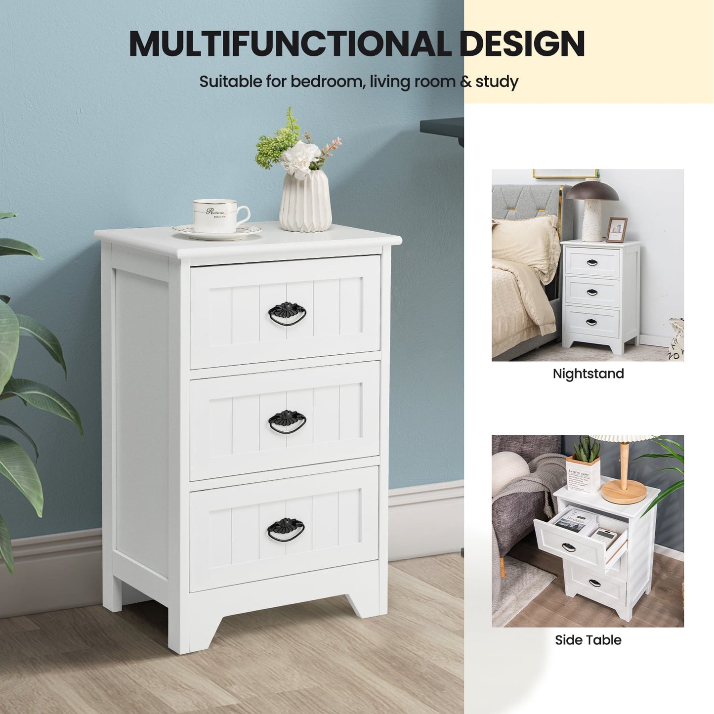3-Tier Vintage Nightstand with Exquisite Metal Handles-White