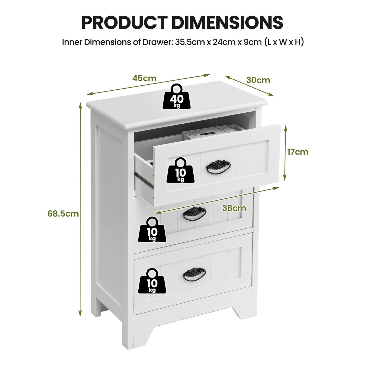 3-Tier Vintage Nightstand with Exquisite Metal Handles-White
