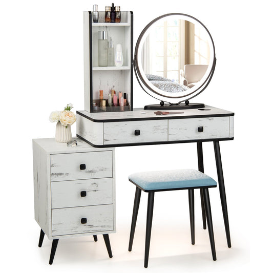 Vanity Table Set with 3-Colour Round Mirror and Charging Station-White