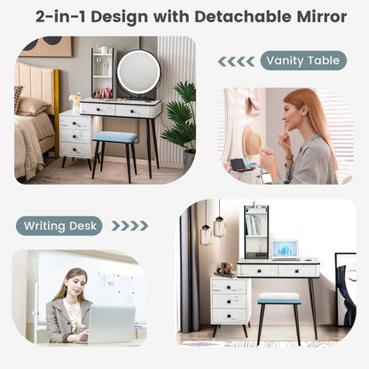 Vanity Table Set with 3-Colour Round Mirror and Charging Station-White