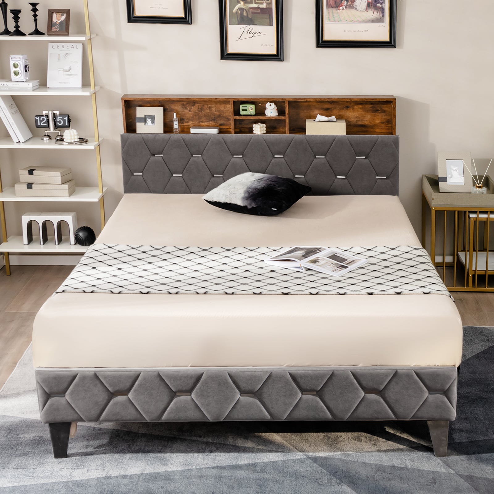 Single/Double Bed Frame with Storage Headboard and Slat Support-Double Size