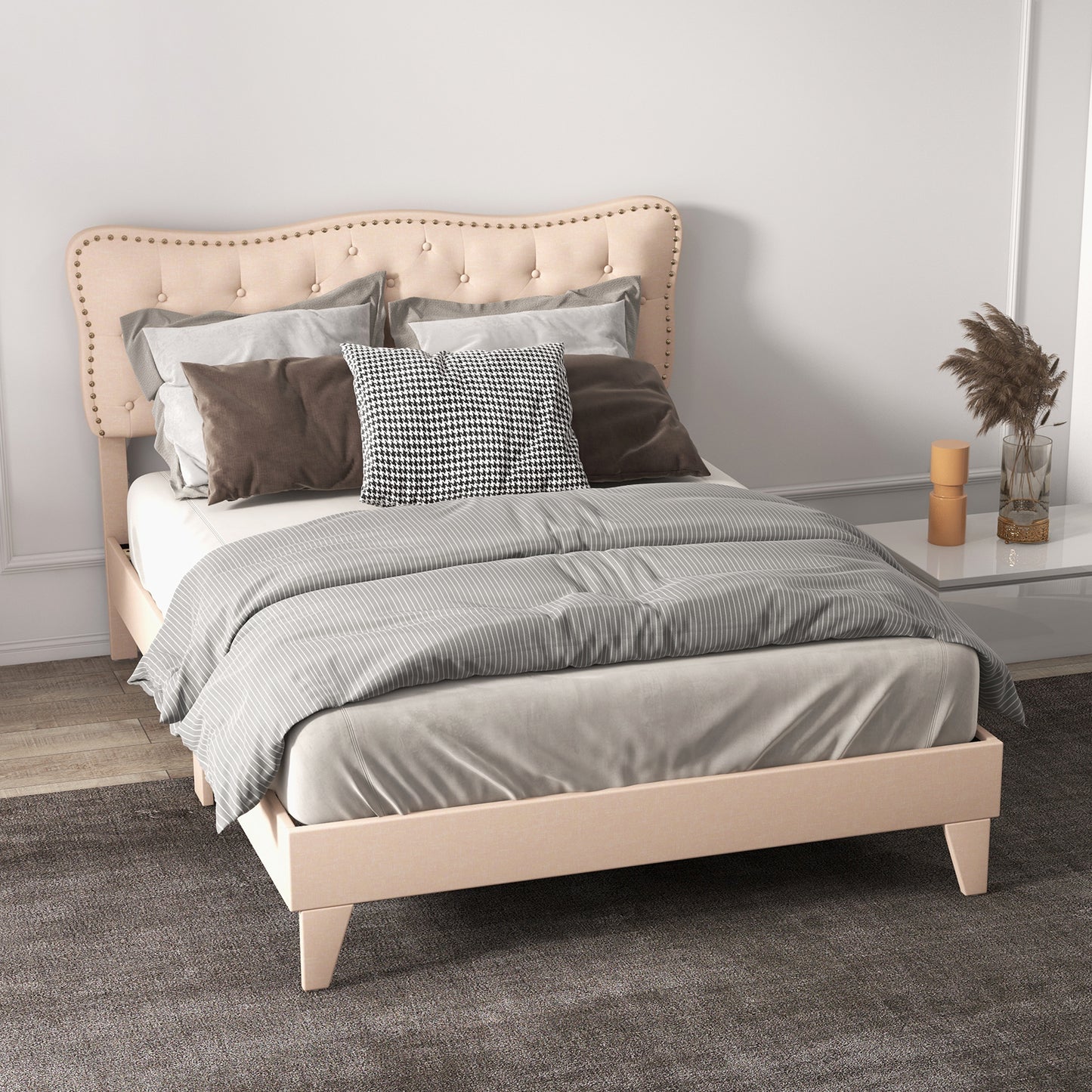 Double/King Size Bed Frame with Button Tufted Headboard-King Size