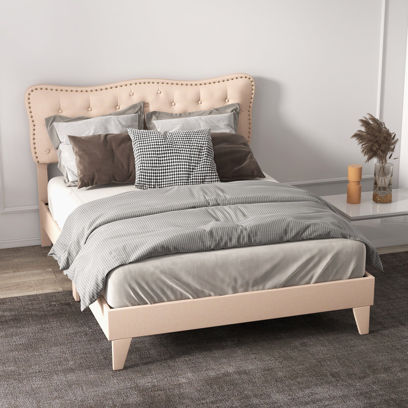 Double/King Size Bed Frame with Button Tufted Headboard-King Size