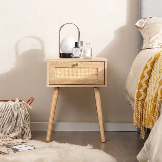 Boho Bedside Table with Hand-woven Rattan Decoration-Natural