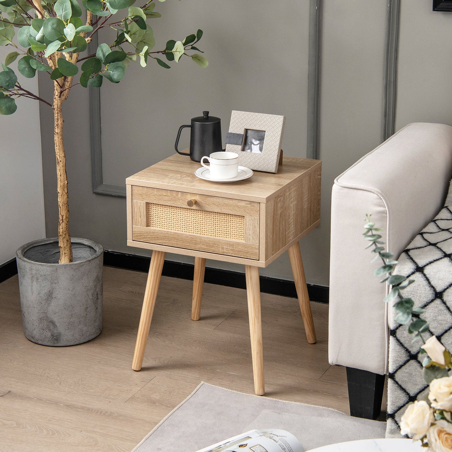 Boho Bedside Table with Hand-woven Rattan Decoration-Natural