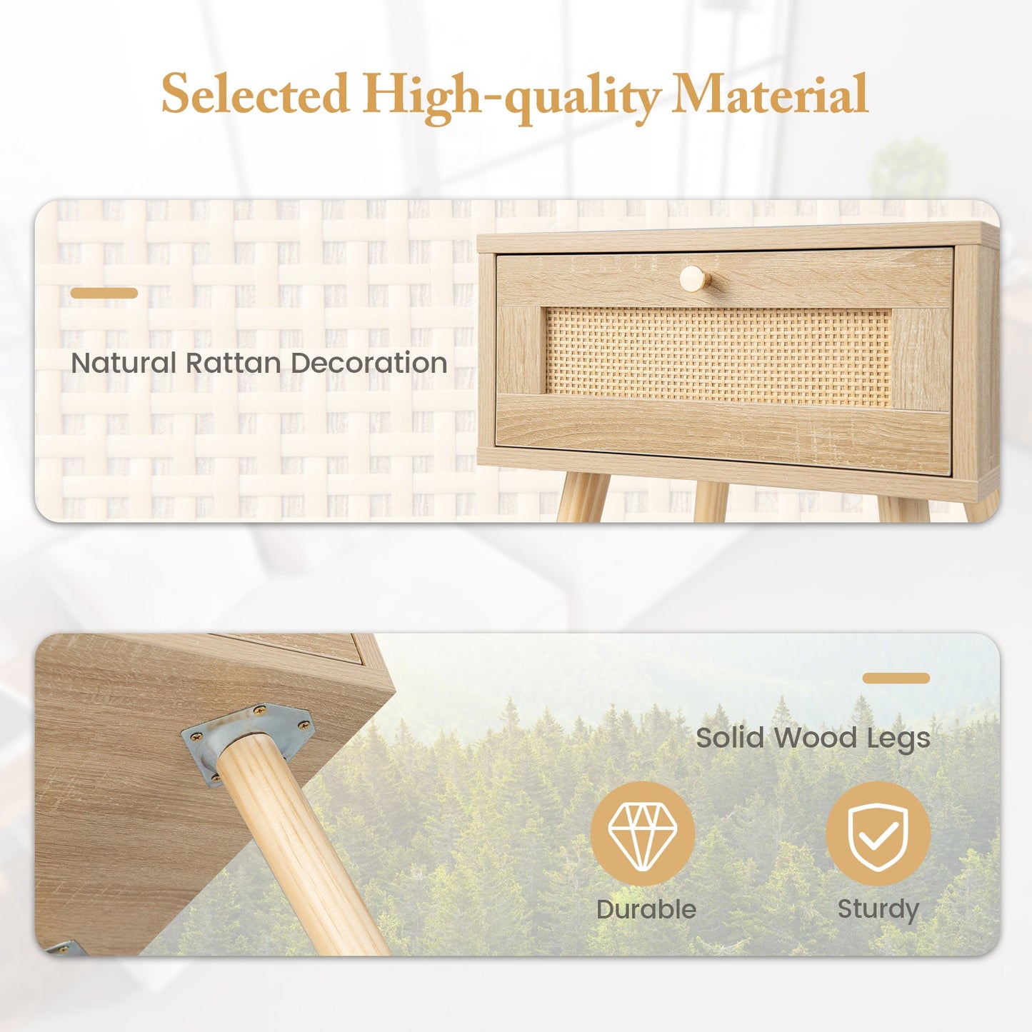 Boho Bedside Table with Hand-woven Rattan Decoration-Natural