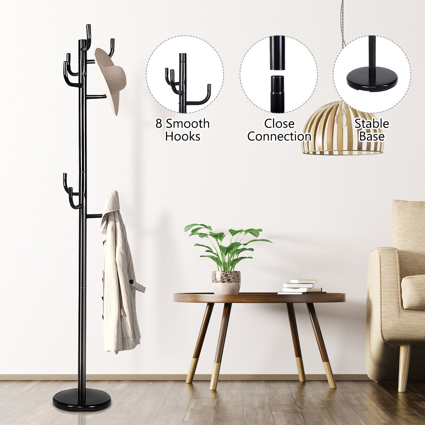 Modern Coat Stand Hanger with 8 Hooks for Home Office Entryway