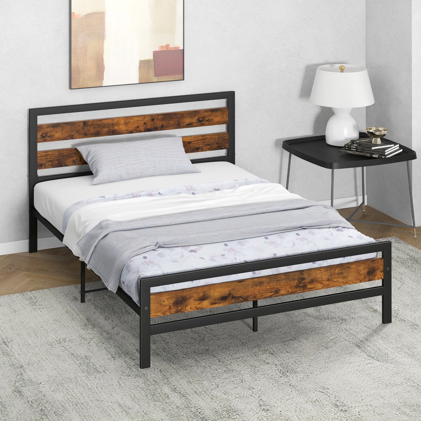 Double/King Size Bed Frame with Rustic Headboard and Footboard-Double Size
