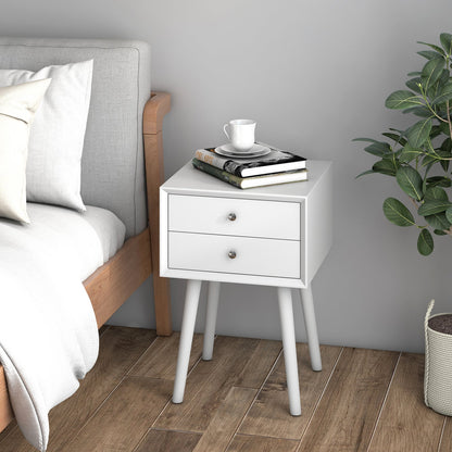 Wooden Nightstand with 2 Storage Drawers and Rubber Wood Legs-White