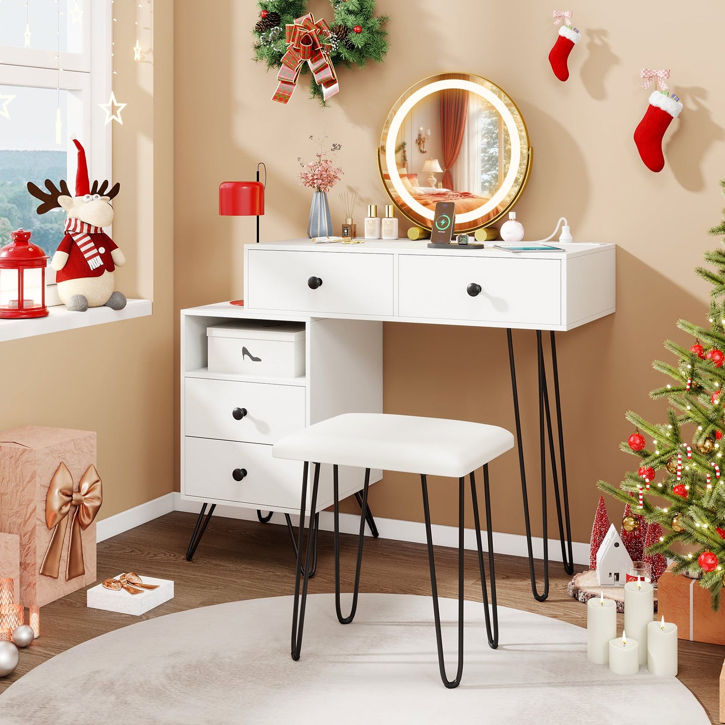 Makeup Vanity Desk with Rotatable Mirror and 4 Pull-out Drawers-White