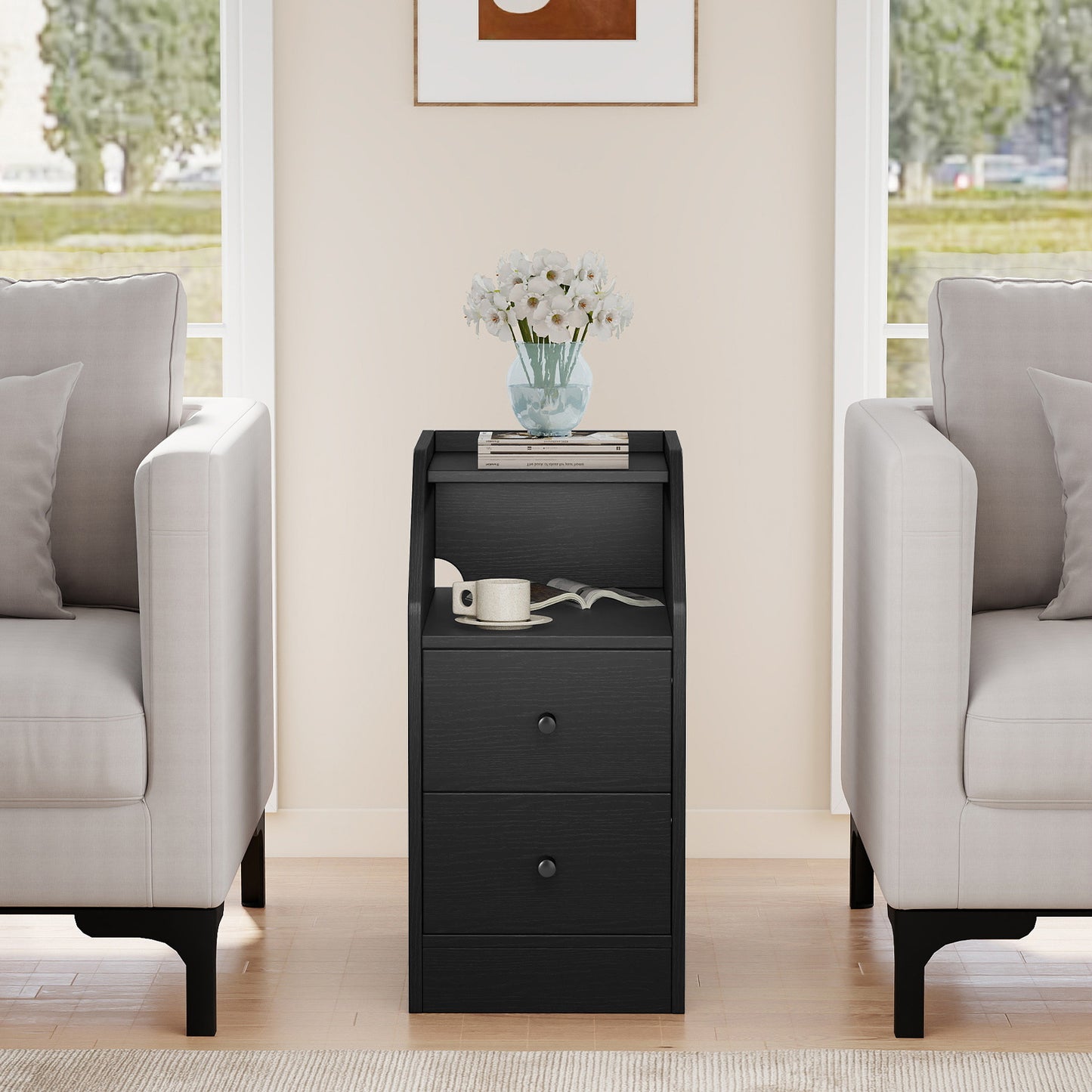End Table with Charging Station & Storage Drawers for Small Space Living Room Bedroom-Black