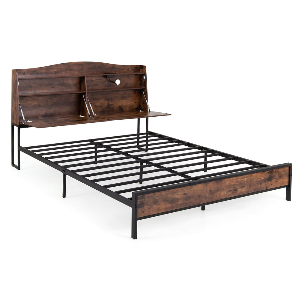 King Size Industrial Metal Platform Bed Frame with Charging Station and Storage Headboard-King Size