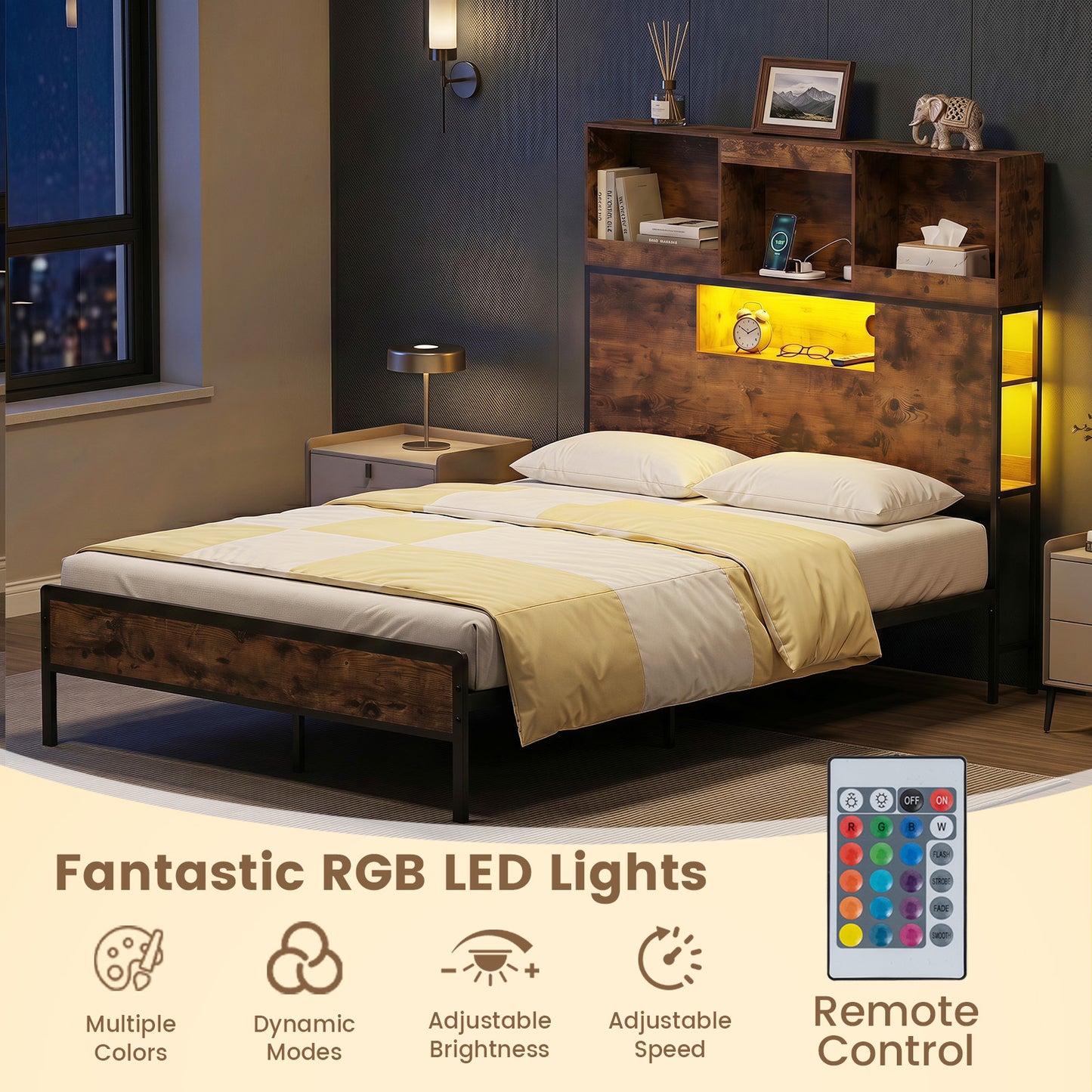 Industrial Metal Platform Bed with LED Lights and Power Outlet-King
