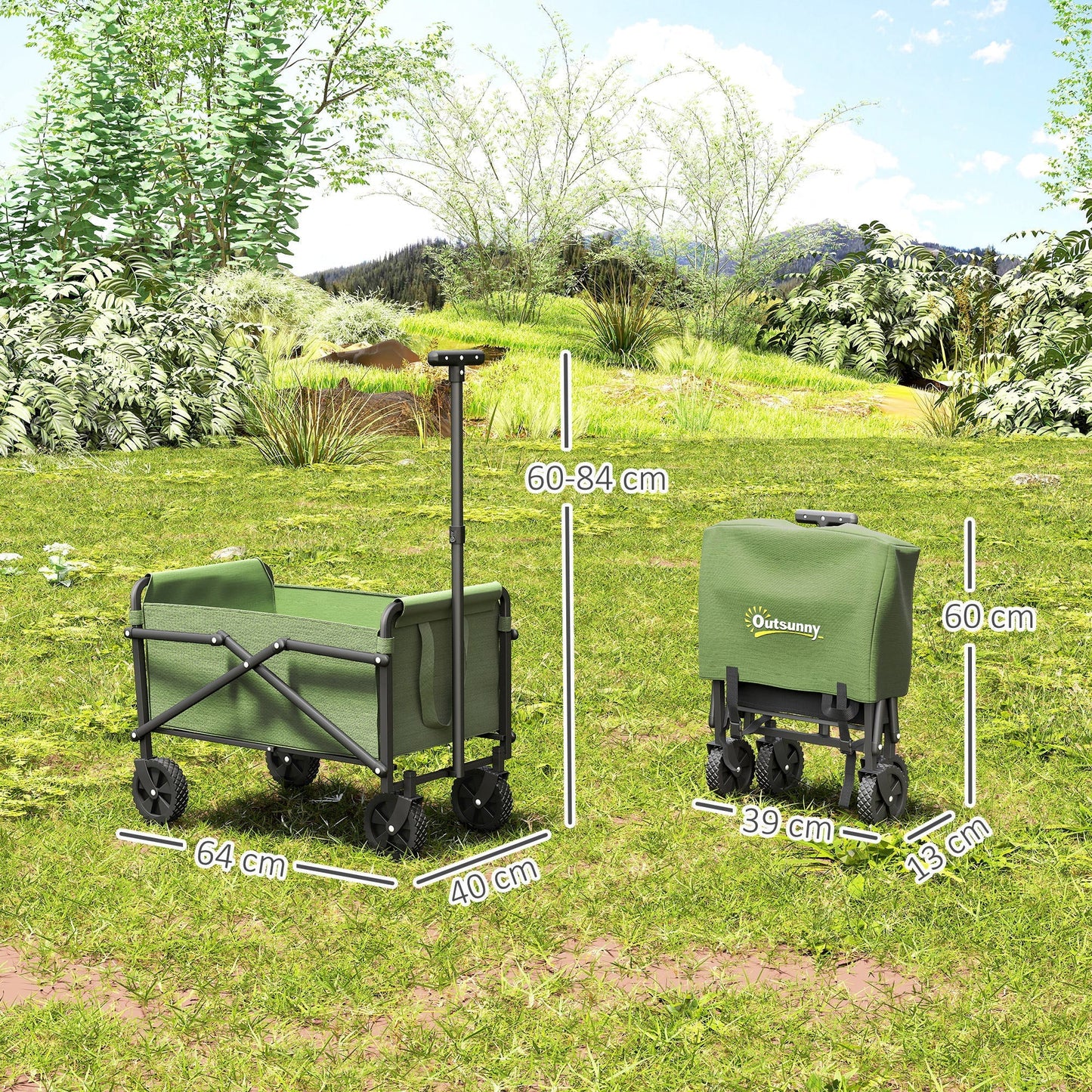 Outsunny 41L Festival Trolley on Wheels, Small Garden Folding Trolley Cart, 60kg Heavy Duty Collapsible Folding Wagon with Adjustable Handle and Carrying Bag for Beach, Camping, Festival, Green