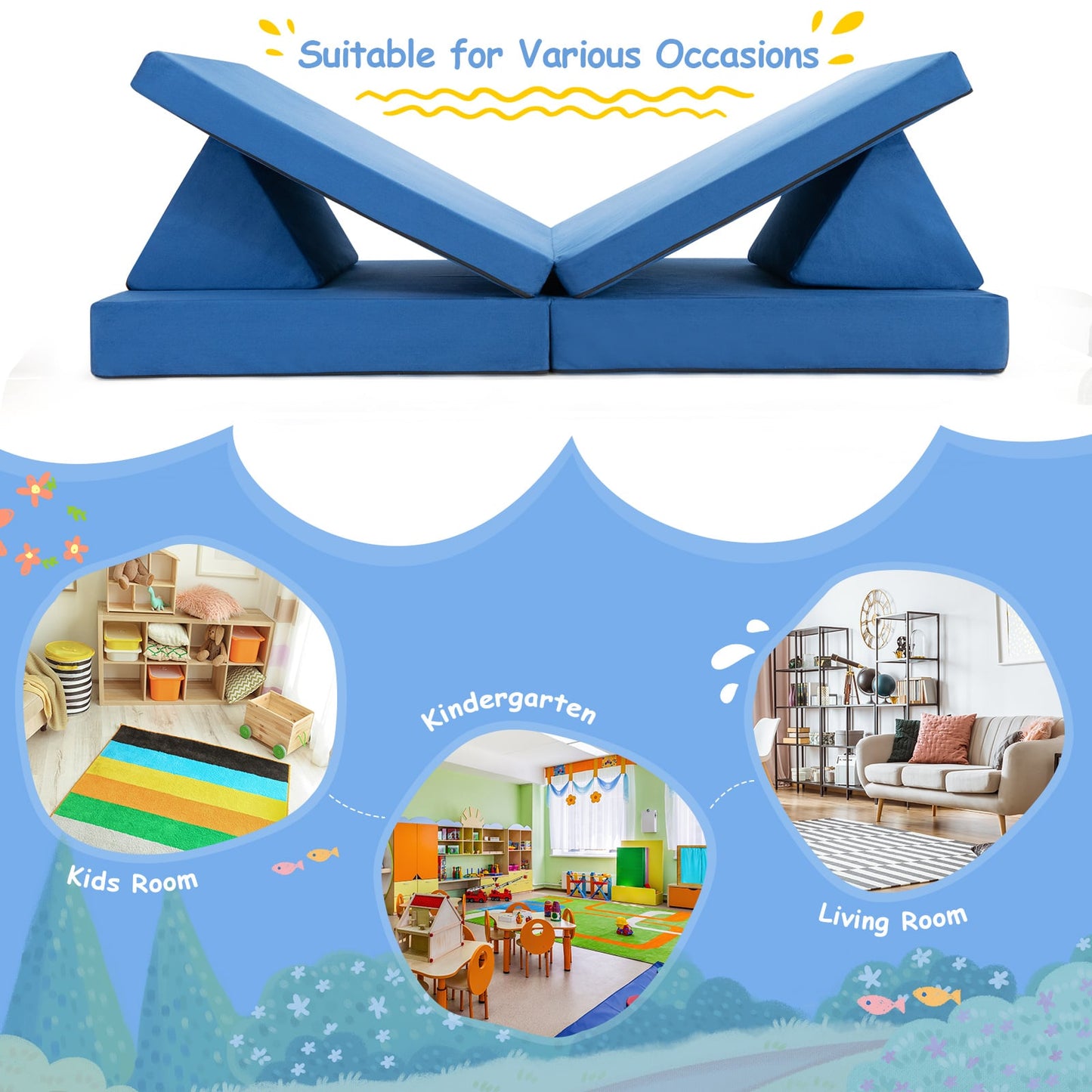 4-Piece Convertible Kids Couch with Folding Mats