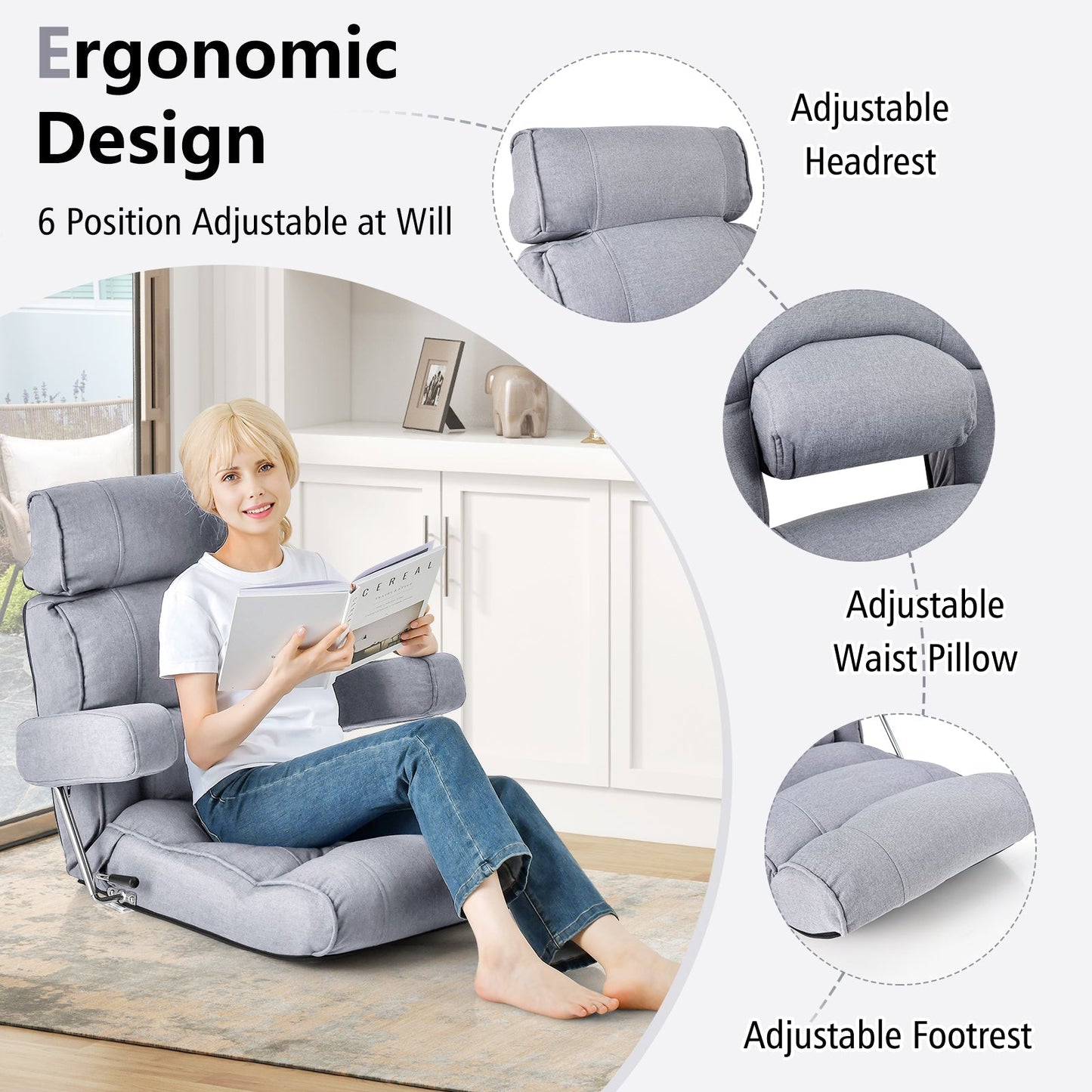 Ergonomic Sofa Lounger Chair with Stepless Adjustment Back-Grey
