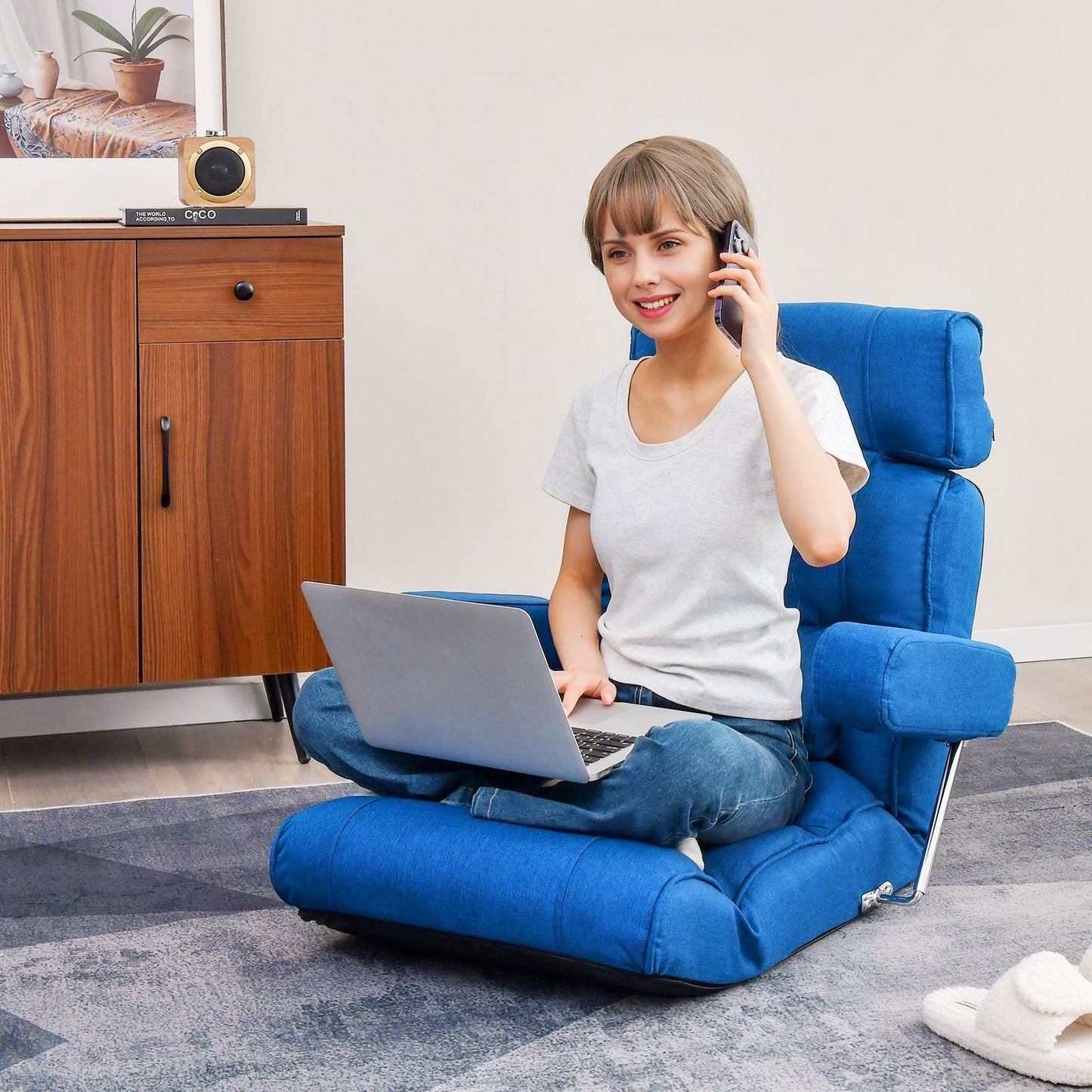 Ergonomic Sofa Lounger Chair with Stepless Adjustment Back-Blue