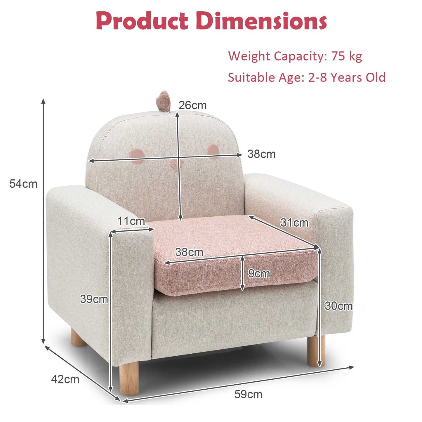 كرسي بذراعين لطيف على شكل حيوان للأطفال مع إطار خشبي ووسادة سميكة - وردي ورمادي