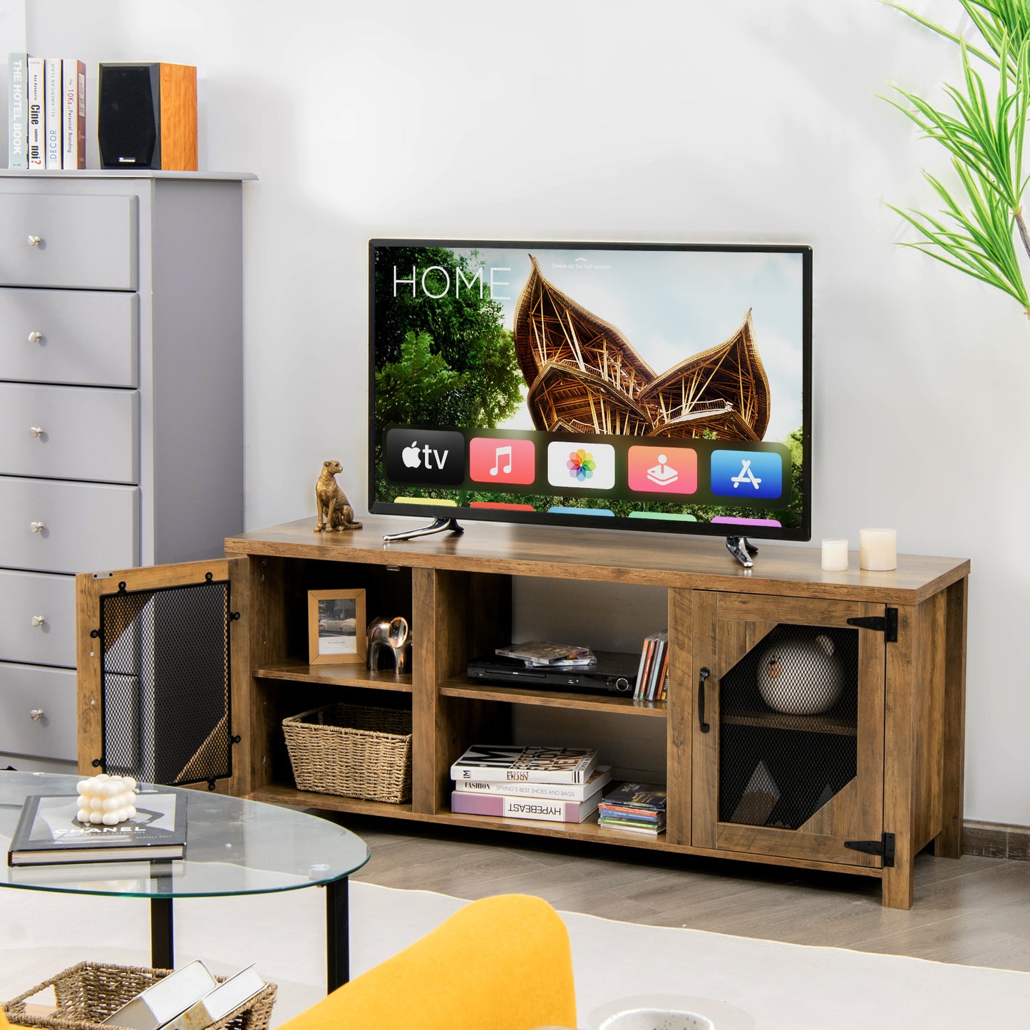 Wooden TV Stand with Adjustable Shelves for Home Living Room Bedroom-Rustic Brown