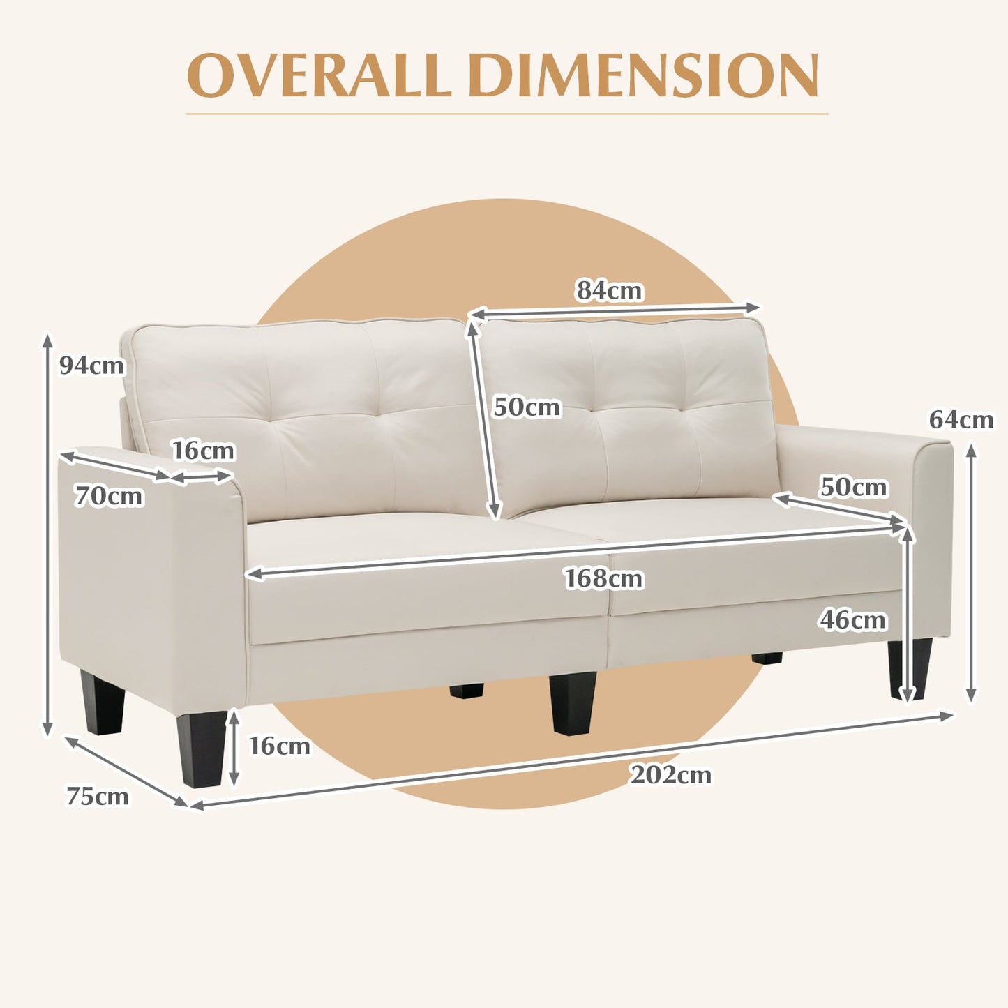 Modern Upholstered Corner Sofa Couch with 2 Removable Back Cushions-Beige