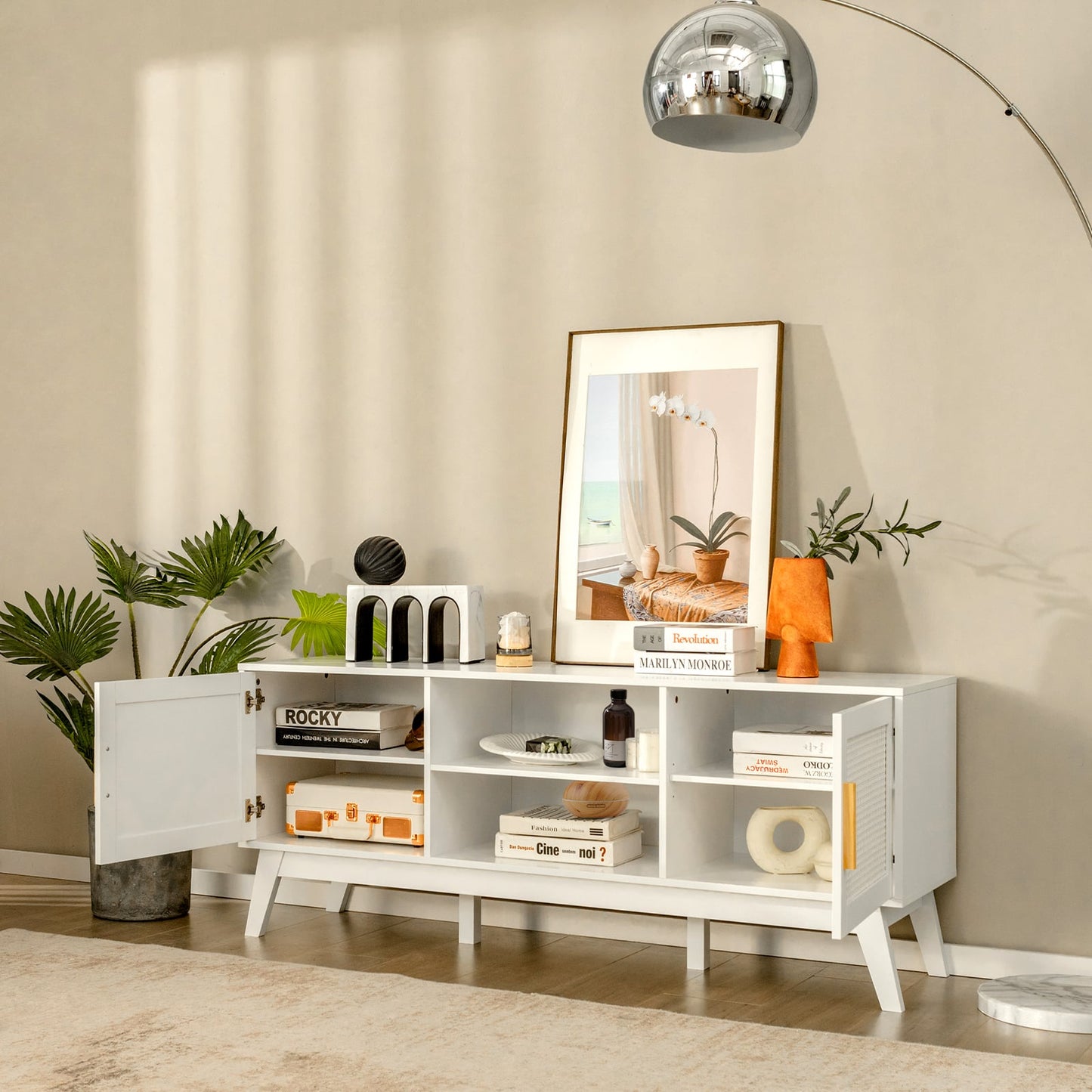Rattan TV Stand for TVs up to 65 Inch with Adjustable Shelf-White