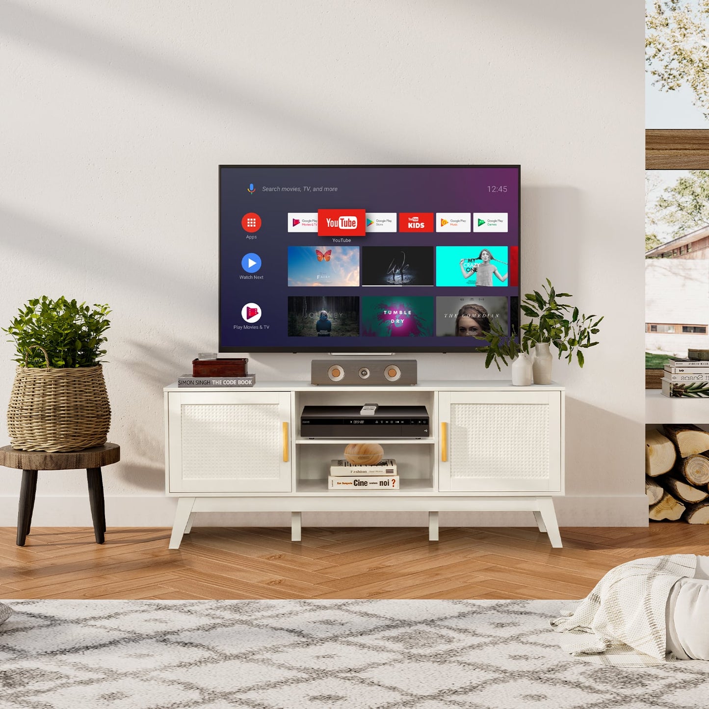 Rattan TV Stand for TVs up to 65 Inch with Adjustable Shelf-White