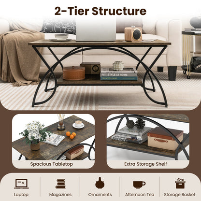 2-Tier Faux Marble Coffee Table with Golden Metal Frame-Rustic Brown