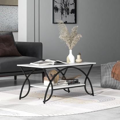 2-Tier Faux Marble Coffee Table with Golden Metal Frame-Marble White