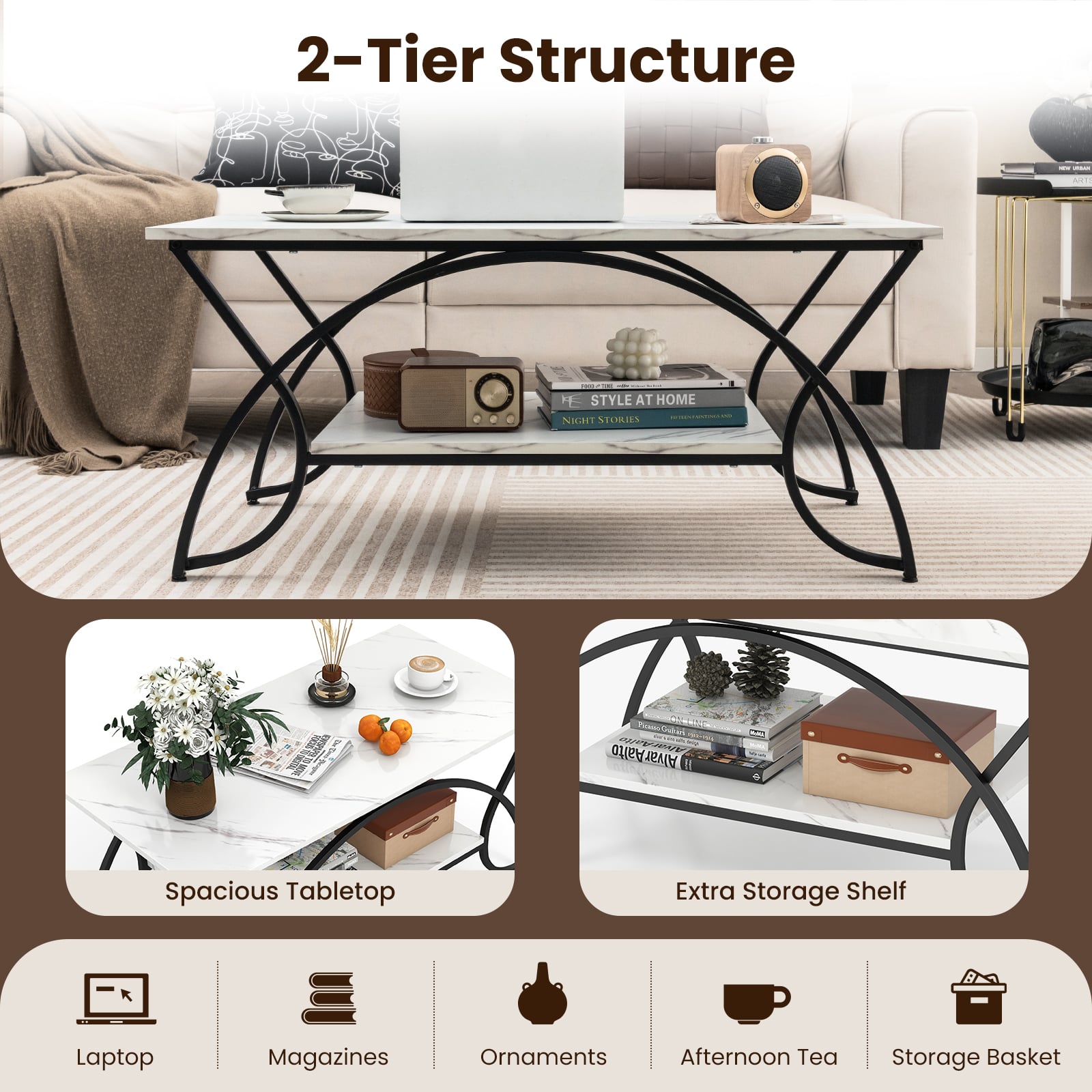 2-Tier Faux Marble Coffee Table with Golden Metal Frame-Marble White