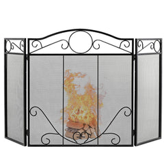 3-Panel Folding Metal Fireplace Screen with Leaves Decoration