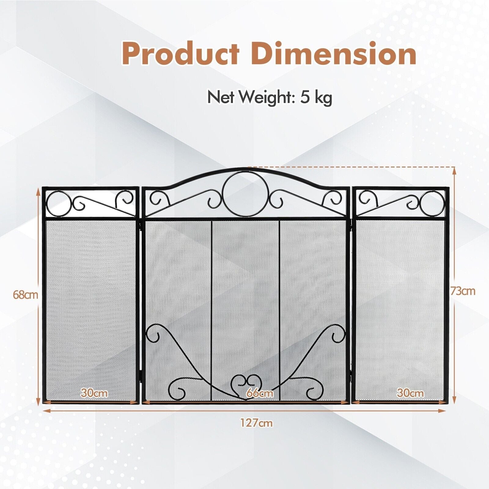 3-Panel Folding Metal Fireplace Screen with Leaves Decoration