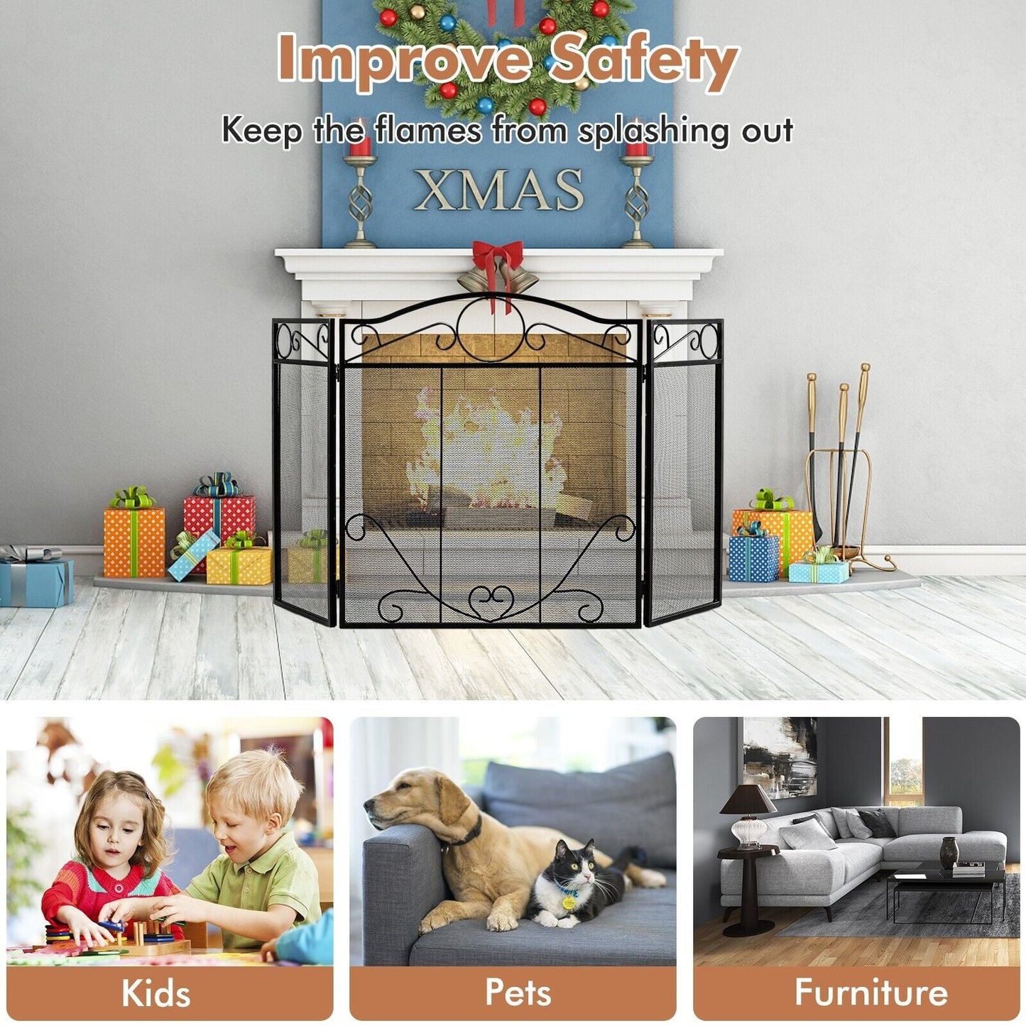 3-Panel Folding Metal Fireplace Screen with Leaves Decoration