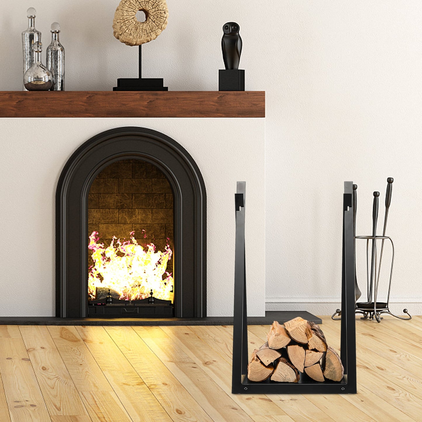 Firewood Log Rack with Solid Bottom Panel-Black