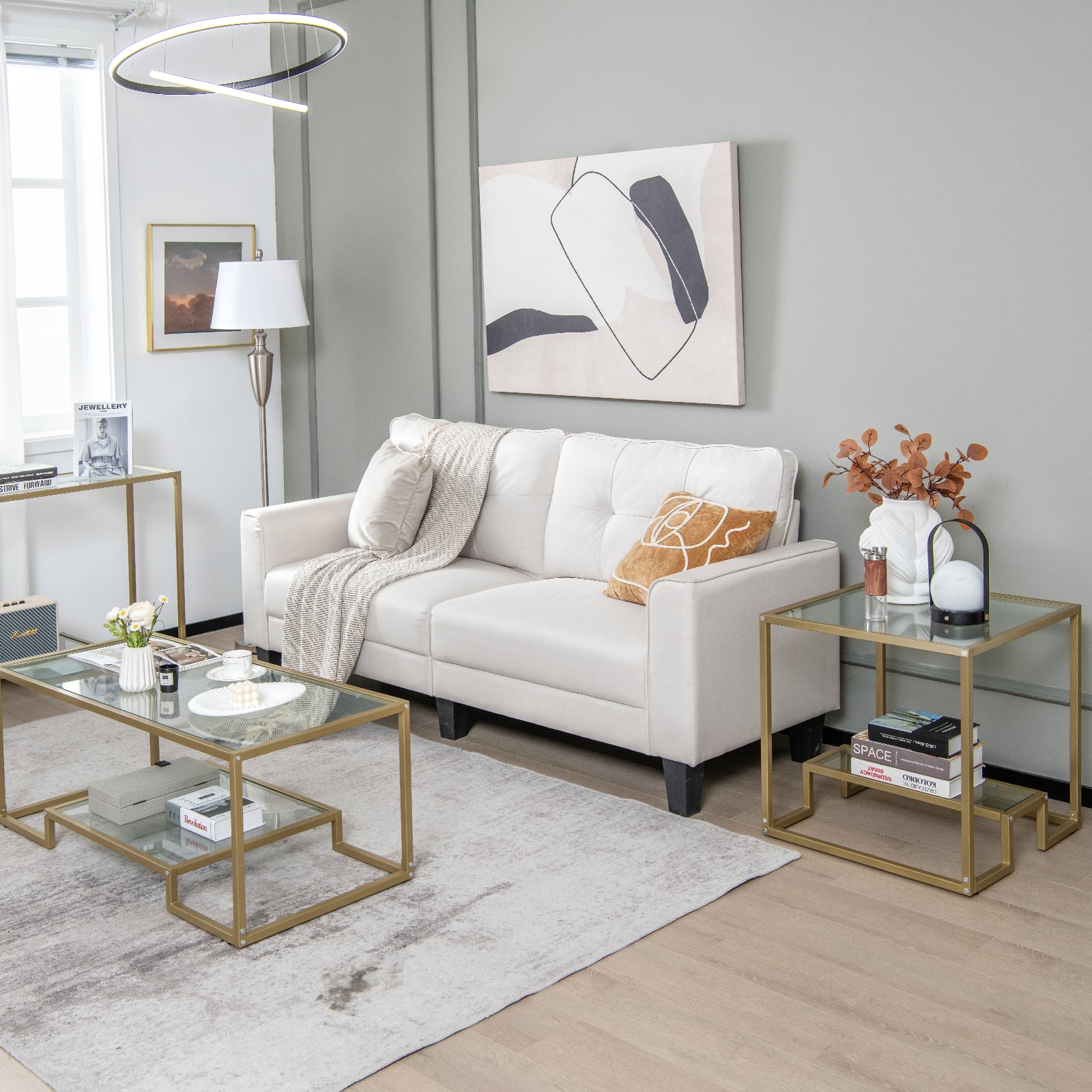 2-Tier Snack Table with Golden Metal Frame and Tempered Glass Tabletop